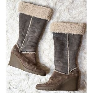 Ugg Sandra Wedge Boots Brown Suede Leather Shearling Knee High Y2K Zipper